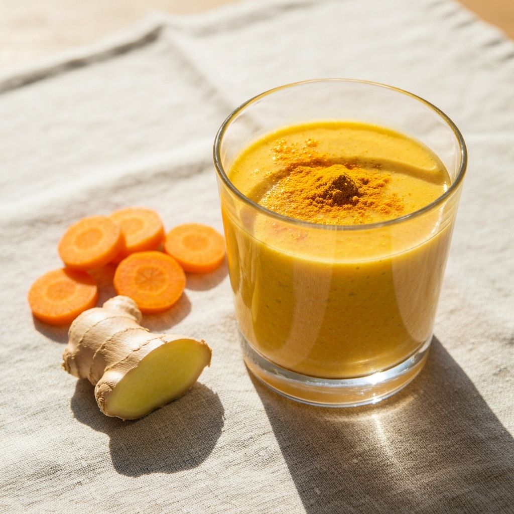 Orange carrot ginger smoothie w glass z turmeric dust na top