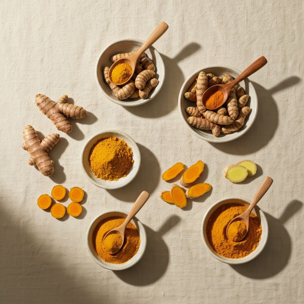 Various forms of turmeric and ginger - whole, sliced, powdered - w ceramic bowls
